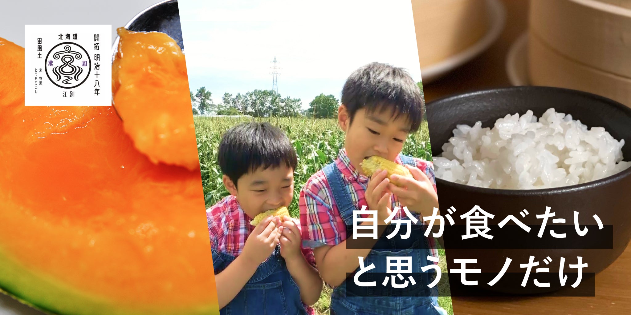 「自分が食べたいと思うモノだけ」のタイトルに、夢メロンの接写、畑で美味しそうにとうもろこしを食べる兄弟、炊き立てのゆめぴりかの写真が並ぶ